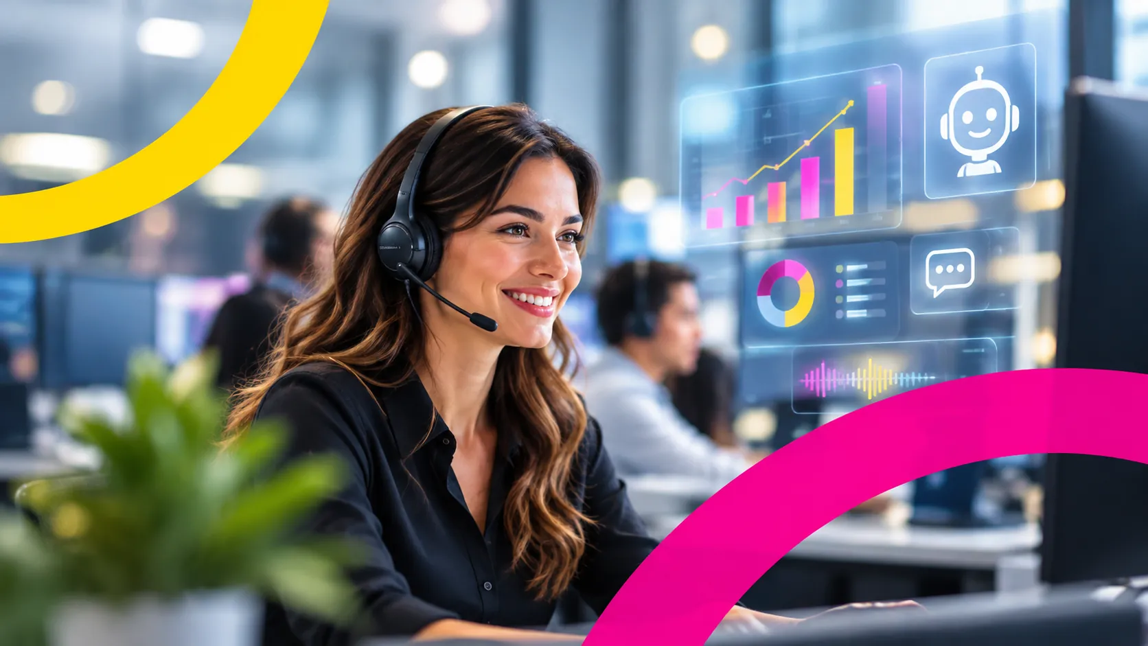 Ejecutiva de Contact Center con audífonos, acompañada de gráficos de analítica e inteligencia artificial para medir el ROI.