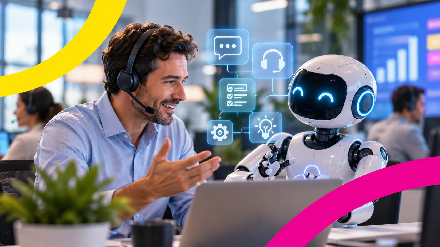 Ejecutivo de Contact Center colaborando con un agente de inteligencia artificial para mejorar la atención al cliente.